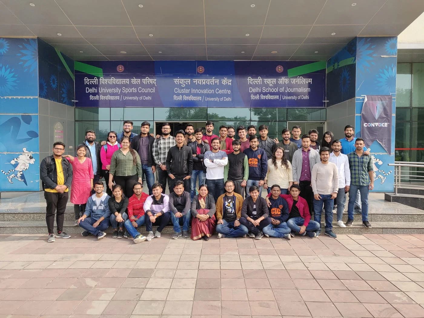 The B.Tech 2016–20 cohort gathered outside the Cluster Innovation Centre at the University of Delhi.
