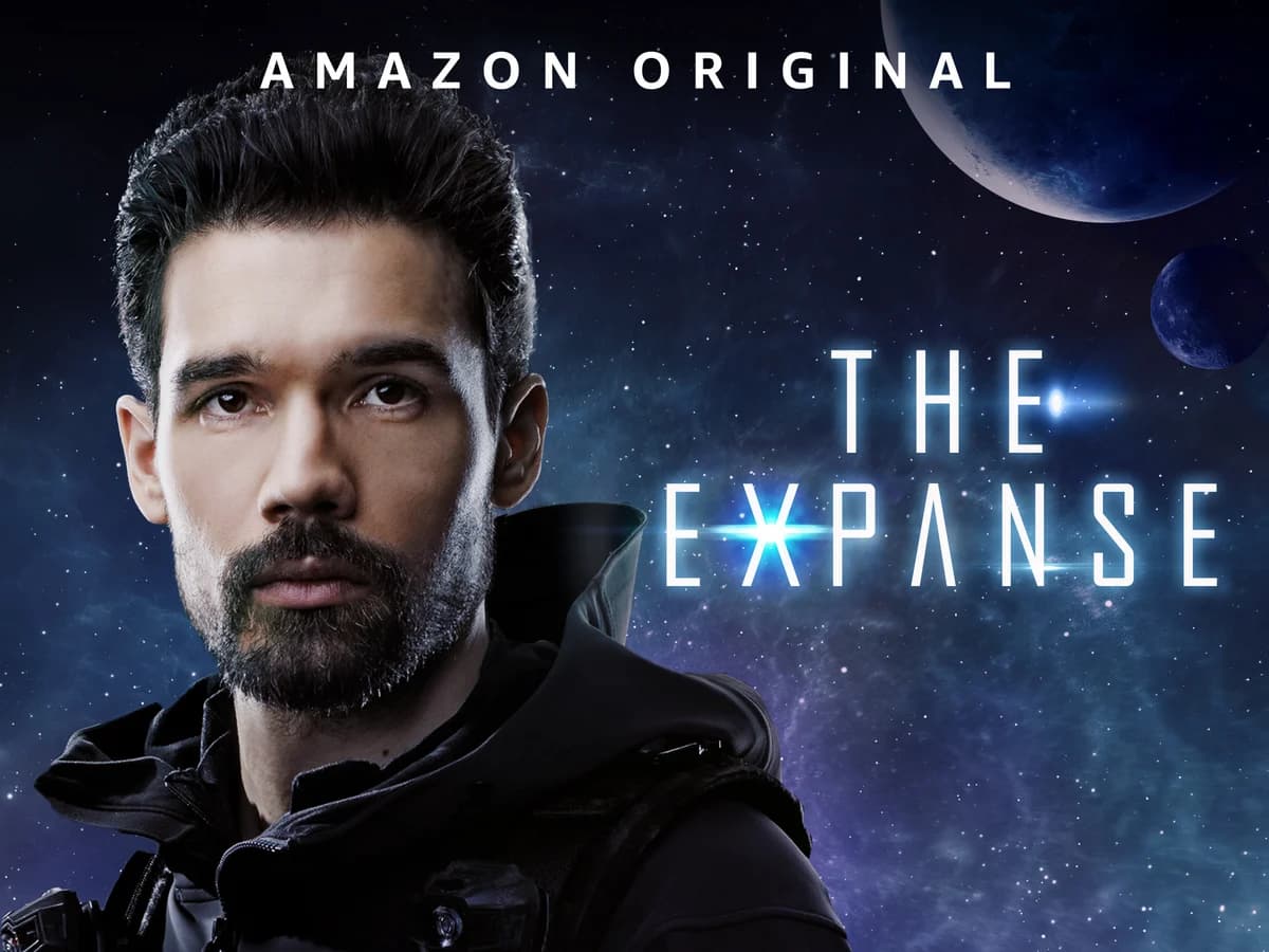 Promotional artwork for The Expanse: James Holden against planets and a starfield, alongside the series title.