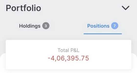 Trading app screenshot showing Total P&L of minus 4,06,395.75 rupees, with Positions selected. Posted 18 January 2024. Cropped to omit account details.