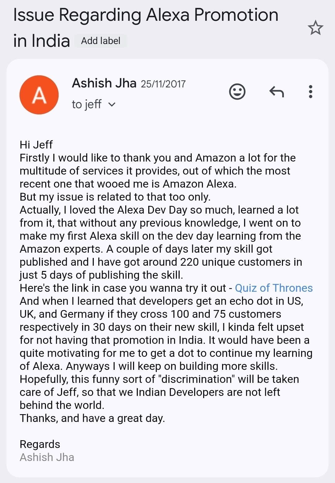 The original email to Jeff Bezos, reproduced as a document. Read its transcript on the About page.